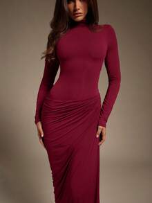 Hauture Women's Sexy Mock Neck Ruched Asymmetric Second Skin Jersey Stretchy Long Sleeve Maxi Dress - Burgundy - View 5