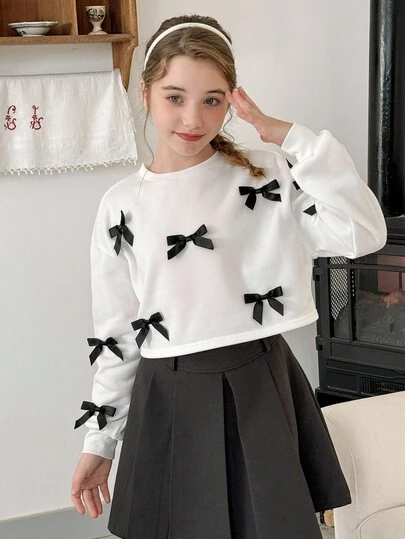 LMoss Kids LMoss Tween Girl Solid Color Round Neck 3D Bow Casual Sweatshirt, Cozy Fall & Winter Styles, Pullover