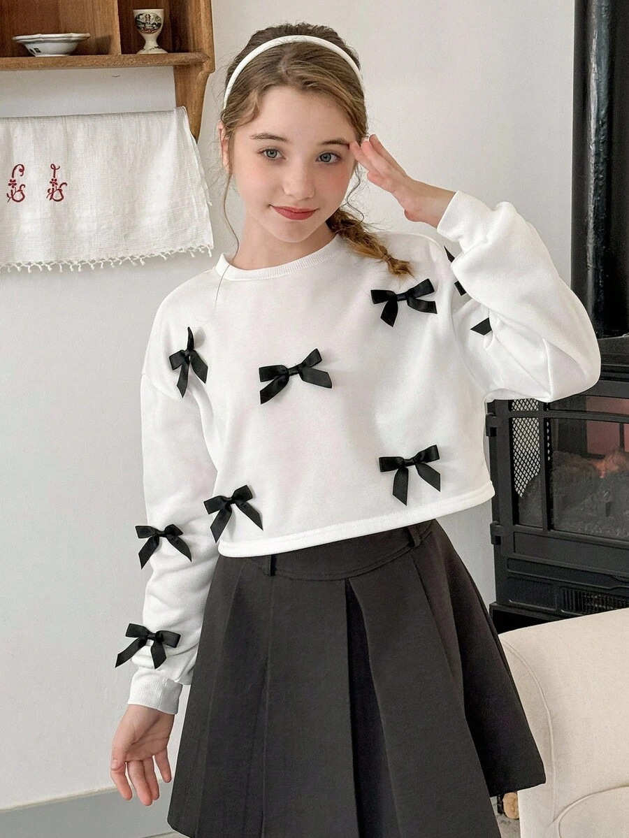 LMoss Kids LMoss 少女纯色圆领 3D 蝴蝶结休闲卫衣，舒适秋冬款式，套头衫 - 白色 - 查看 1