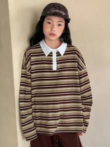 Dazy Kids 少女秋季服装翻领条纹撞色长袖T恤，春季 - 棕色 - 查看 3