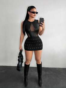 SHEIN SXY Body sexy en maille noire et patchwork de faux