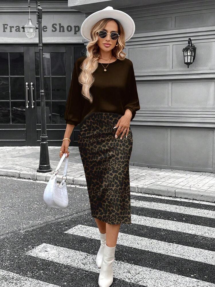SHEIN LUNE Women's Fashion Casual Top & Leopard Print Skirt 2