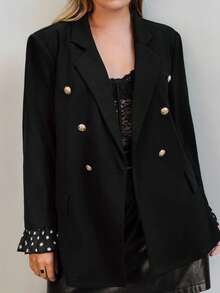 SHEIN Privé Plus Size Women Lapel NeckMetal Double-Breasted Polka Dot Patchwork Flare Sleeve Blazer Jacket - Black - View 4