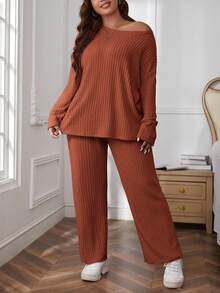 SHEIN Essnce Plus Size Women Solid Color Ribbed Drop Shoulder Top & Pants 2 Pieces Set/Winter - Coral Orange - View 4