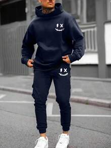 Set di felpa con cappuccio e pantaloni della tuta casual da uomo con stampa di faccia sorridente