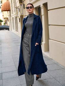 EURMUSE Maxi Cardigan With Belt Outwear Jacket Fall Winter - Navy Blue - View 3
