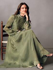 Anewsta Elegant Sparkling Ruched Dress With Long Sleeves, Suitable For Party, Date, Outing, Spring To Summer - Green - View 1