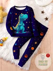 男童夜光恐龙太空印花紧身睡衣套装，包含长袖上衣和裤子，舒适弹力针织面料，圣诞主题，可与家人同款 - 寶藍色 - 查看 7