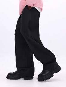 SUMWON Pantalon ample en nylon parachute avec cordon de serrage à la taille, jambes larges, style cargo streetwear, mode urbaine, pantalon ample - Noir - Voir 5