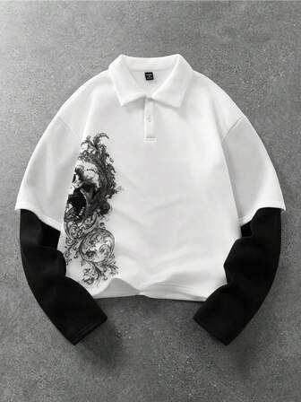 Goth Camiseta de manga larga con estampado 2 en 1 para hombre