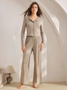 Ocili Comfortable Striped Cotton Soft Minimalist Long Sleeve Top & Long Pants Shell Button Front Women Lounge Set, Winter Clothes - Khaki - View 7