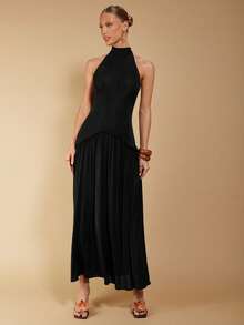 COSMINA Rochie plisată cu imprimeu halter pentru femei, culoare uni - Negru - Vizualizare 4