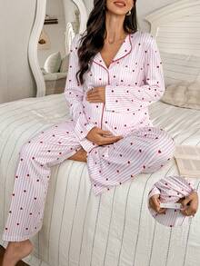 SHEIN 2pcs Striped Heart Print Lapel Long Sleeve Top And Pants Maternity Pajama Set, Winter