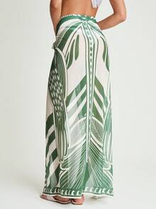 CAJUNI 女士绿白热带印花纱笼裙罩衫 | 轻薄透气面料，长款裹身裙，高开衩设计，醒目的叶子图案和条纹点缀，可调节腰带，优雅性感的沙滩装，是夏季度假、度假村泳池边、浪漫假期的理想之选。女士沙滩时尚，沙滩罩衫，沙滩裙罩衫，纱笼罩衫，泳衣裙罩衫，度假装 - 綠色 - 查看 2