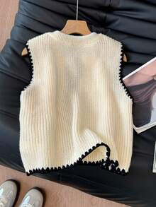 SHEIN Frenchy 新款秋冬撞色狗牙纹蝴蝶结刺绣针织背心，女士休闲蝴蝶结服饰，可爱开衫，蝴蝶结开衫，女士蝴蝶结开衫 - 杏色 - 查看 2