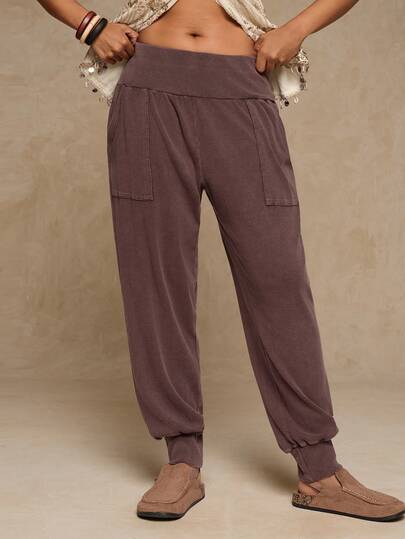 Freevana Plus Size Women Solid Color Elastic Waist Pockets Casual Harem Pants