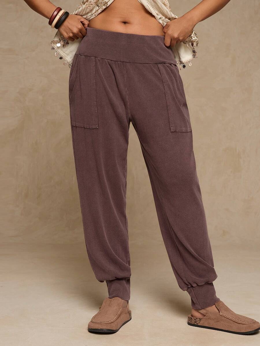 Freevana Plus Size Women Solid Color Elastic Waist Pockets Casual Harem Pants - Mocha Brown - View 1