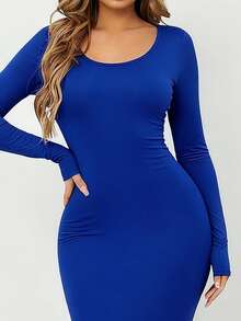 SHEIN SXY Plus Size Women Navy Blue Round Neck Long Sleeve Bodycon Dress, Casual, Autumn/Winter
