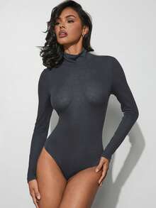 Hauture Mock Neck Long Sleeve Sheer Bodysuit - Grey - View 3