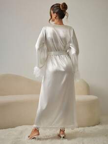 HautHeat Women's Contrast Lace Fuzzy Cuff Elegant Belted Robe - White - View 2
