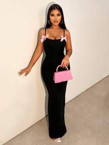 SHEIN VaVaLuxe 女士粉色蝴蝶结吊带无袖连衣裙长款女装 - 黑色 - 查看 4