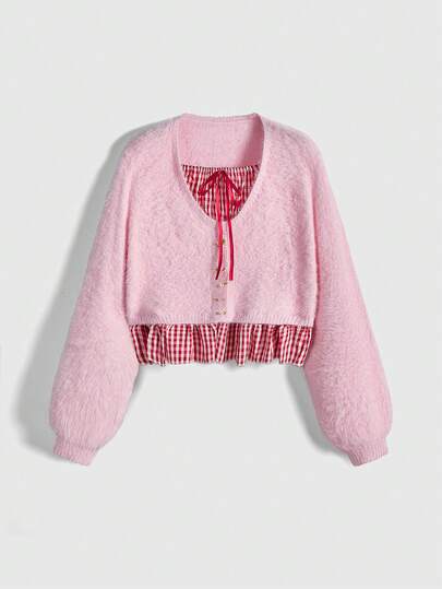 Maglione oversize in maglia a quadri rosa e patchwork, stile kawaii e carino, casual e dolce, per donne