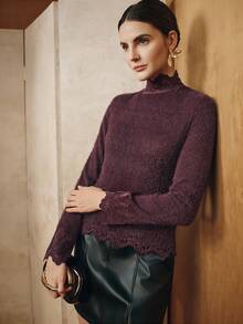 Anewsta Elegant Fashion Party New Year Christmas Lace Patchwork Brushed Women's Slim Fit Sexy Undershirt Top, Autumn/Winter - Purple - View 6