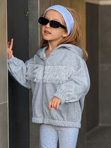 DAZY Stickad huvtröja för ung flicka med kontrasterande spets, termiskt foder, höstkläder - Grå - Visa 5