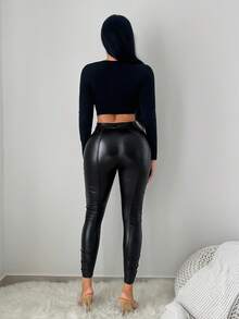 SHEIN SXY 女士褶皱休闲黑色皮革街头紧身裤 - 黑色 - 查看 2