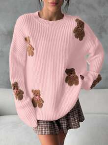 EURMUSE Women Round Neck Oversize Drop Shoulder 3d Mini Teddy Bear Patched Pattern Cute Drop Shoulder Sweater Pullover - Coral Pink - View 8