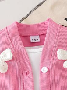SHEIN Playful Pals 3pcs Baby Girl Set: Pink Long Sleeve Knit Cardigan With Knit Floral Camisole And Flare Pants, Fashion Outfit For Girls, Suitable For Spring And Autumn - Pink - View 6