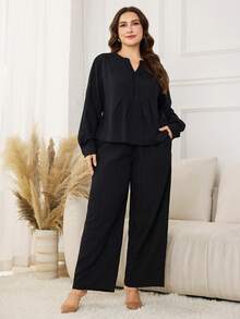 Modelyn 2pcs/Set Plus Size Solid Color Casual Long Sleeve Top And Loose Pants - Black - View 5