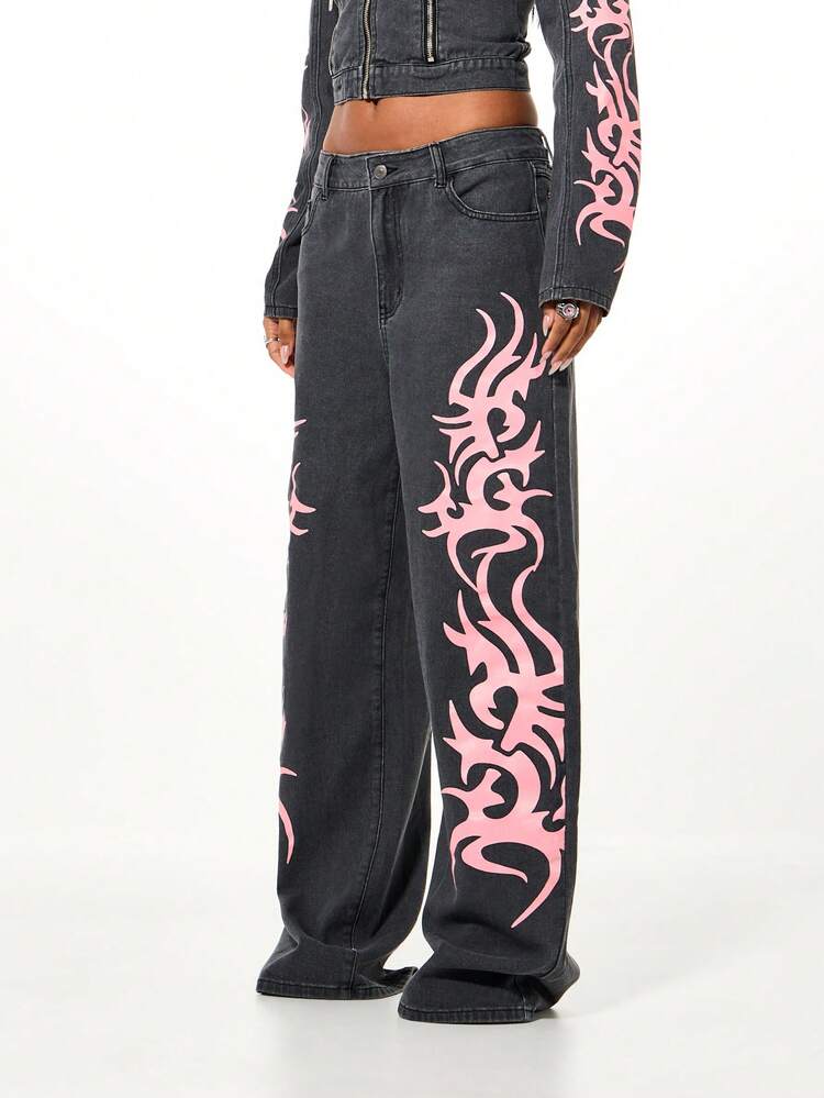 SUMWON WOMEN Flame Print Baggy Wide Leg Jeans