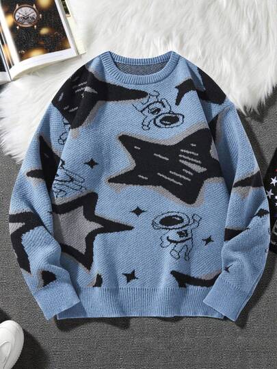 Manfinity Hypemode Men's Casual Pentagram Pattern Crew Neck Long Sleeve Sweater, Autumn/Winter