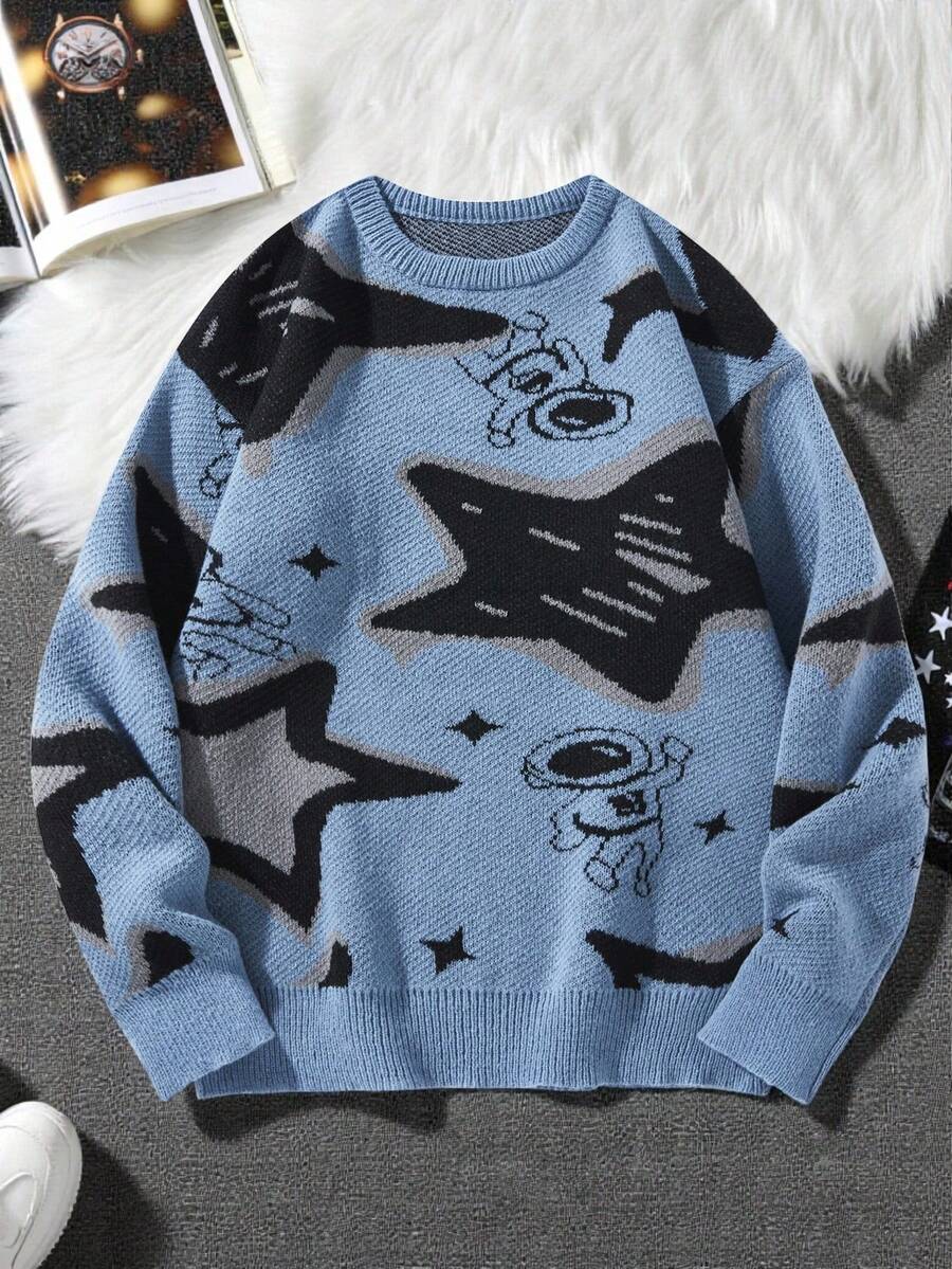 Manfinity Hypemode Herren Lässig Pentagramm Muster Rundhals Langarm Pullover, Herbst/Winter - Blau - Übersicht 1