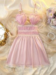 DelicateAllure Váy ngủ hai dây viền bèo nhún nơ thời trang gợi cảm cho nữ - Màu Hồng baby - Xem 7