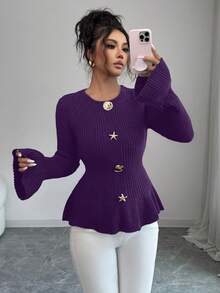SHEIN Elenzya 女士优雅金属扣袖口荷叶边下摆长袖毛衣，秋冬款 - 紫色 - 查看 5