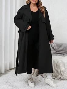 SHEIN CURVE+ 1pc Women's Solid Color Woven Longline Belted Front Button Trench Coat/Winter - Black - View 4