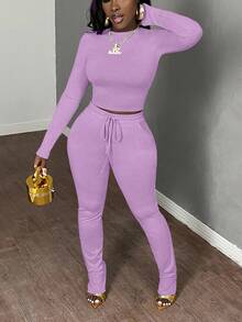 Slaydiva 2 件套女士休闲基本款秋冬圆领长袖紧身短款上衣和抽绳松紧腰紧身裤运动服套装 - 淡紫色 - 查看 4