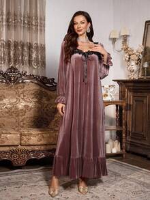 PalaceNights 女士天鹅绒长款睡裙，饰有刺绣花卉边饰、蝴蝶结领和长袖，适合秋冬季穿着。 - 乾枯玫瑰色 - 查看 3