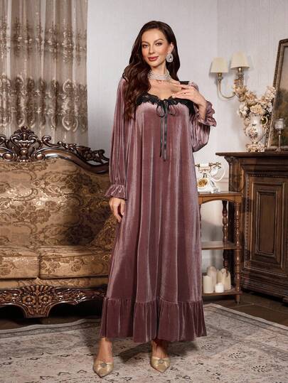 PalaceNights Fluwelen Long Nightgown Geborduurde Bloemen Bowknot Collar, Sleeve, view 3