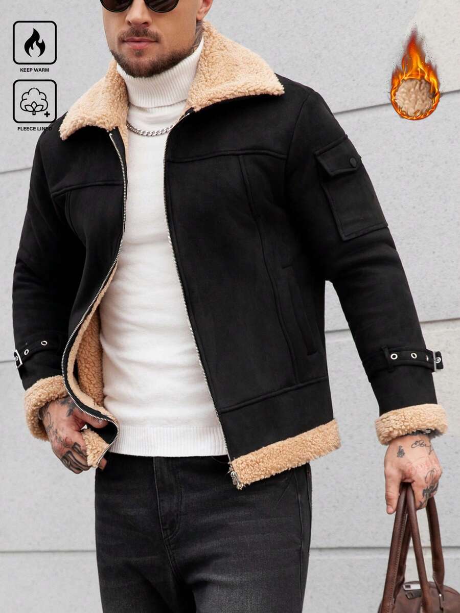 Manfinity CasualCool 黑色拉链休闲保暖长袖外套,冬季 - 黑色 - 查看 1