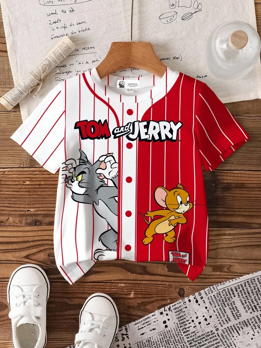 TOM & JERRY X SHEIN 男童夏季休闲运动卡通字母印花双色条纹T恤