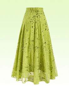 Ellevyn 女士优雅华丽派对半身裙，绿色亮片正式长裙，夏季亮绿色派对裙，新年圣诞节秋冬季绿色亮片圣诞新年派对 - 綠色 - 查看 2