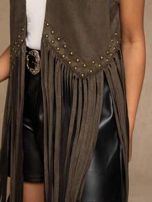 SHEIN VCAY 大码波西米亚西部风无袖流苏铆钉背心外套（女款） - 軍綠色 - 查看 8