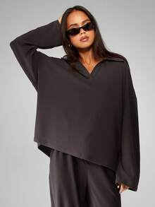 MISSGUIDED Soft Touch Co-Ord Set Matching V-Neck Top Wide Leg Pants Comfortable Loungewear - Coffee Brown - View 5