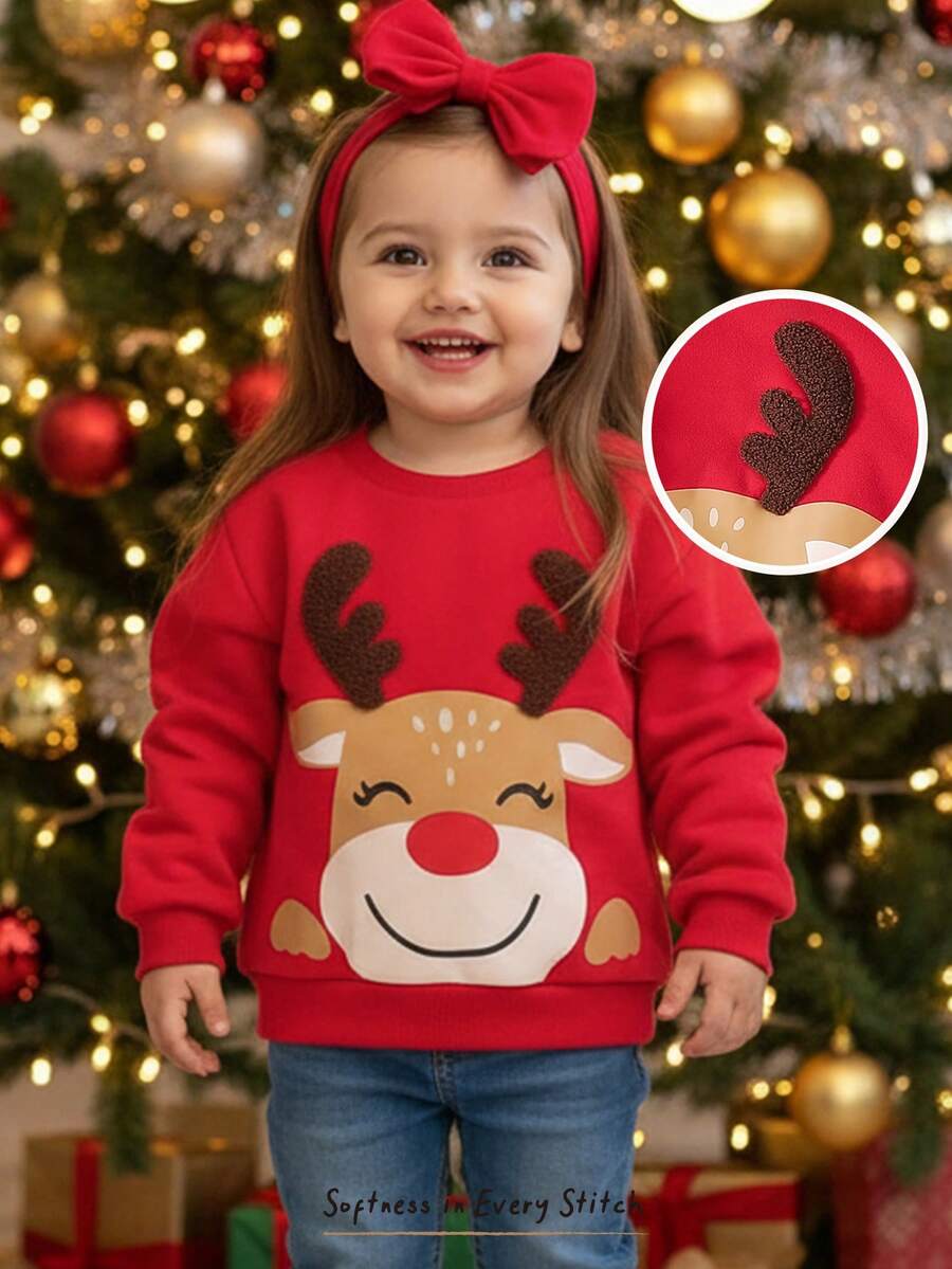Cozy Pixies 女婴3D圣诞驯鹿图案圆领长袖套头卫衣 - 紅色 - 查看 1
