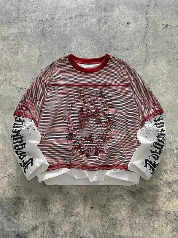 AXEPEAK Camiseta de baloncesto de malla casual de 2 en 1 AXEPEAK, camiseta de cuello redondo de manga larga con estampado de Jesús para hombres