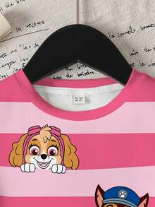 SHEIN | PAW Patrol 女童夏季休闲可爱卡通狗双色条纹印花短袖T恤 - 白色 - 查看 4
