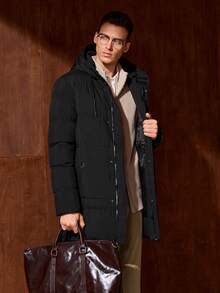 Officeau Abrigo con capucha acolchado, con bolsillos en ángulo y cordón, para otoño e invierno, estilo "Old Money" - Negro - Ver 1